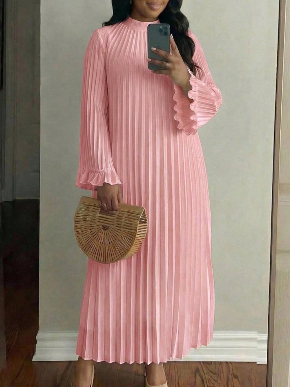 Pink Elegant Women's Plus Size Pleated Flare Sleeve Dress